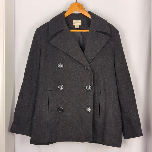 ST JOHNS BAY Women's Large Wool Charcoal Gray Pea Coat - Picture 1 of 6